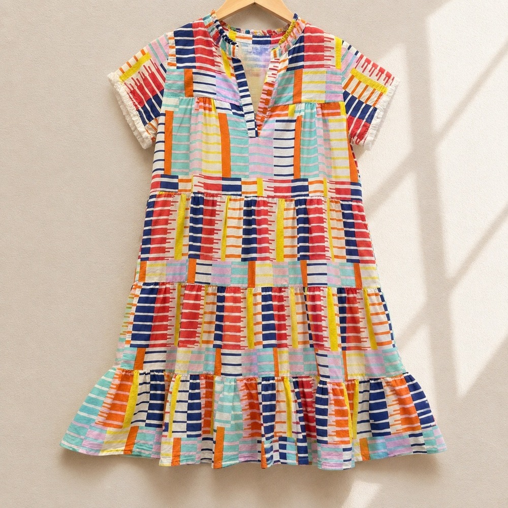 THML Tieredโ Mini Dress Womens Small Multicolor Geometric Stripe Cotton Fringe